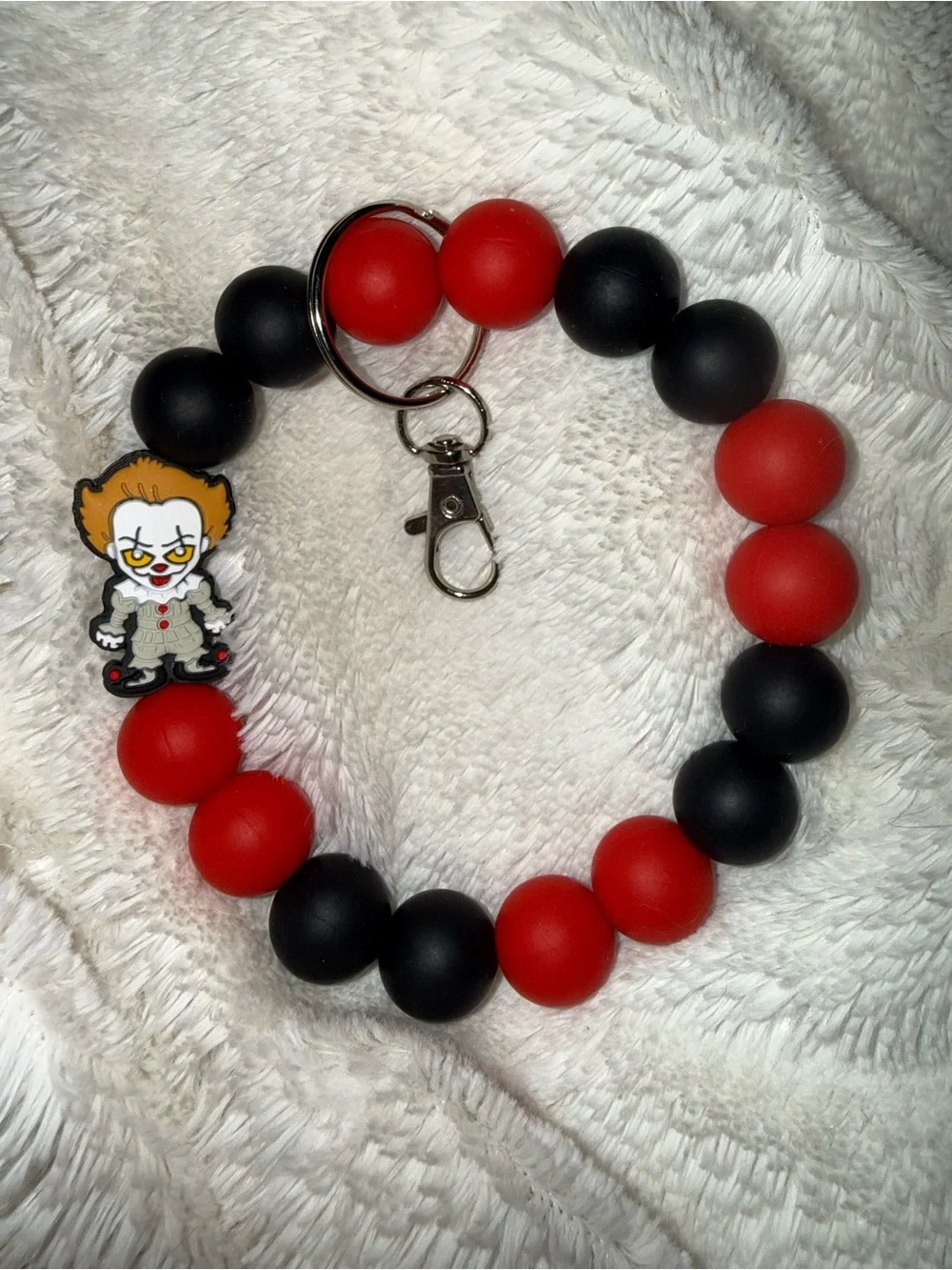Red and Black Beaded Wristlet Keychain with Character Charm